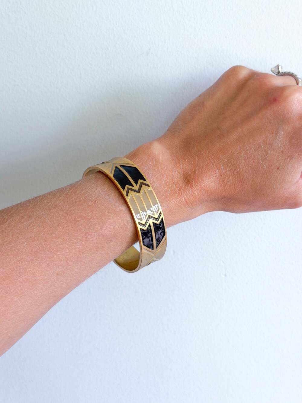 Ettika Gold Tone Black Enamel Geometric Cuff Bangle Bracelet Gold